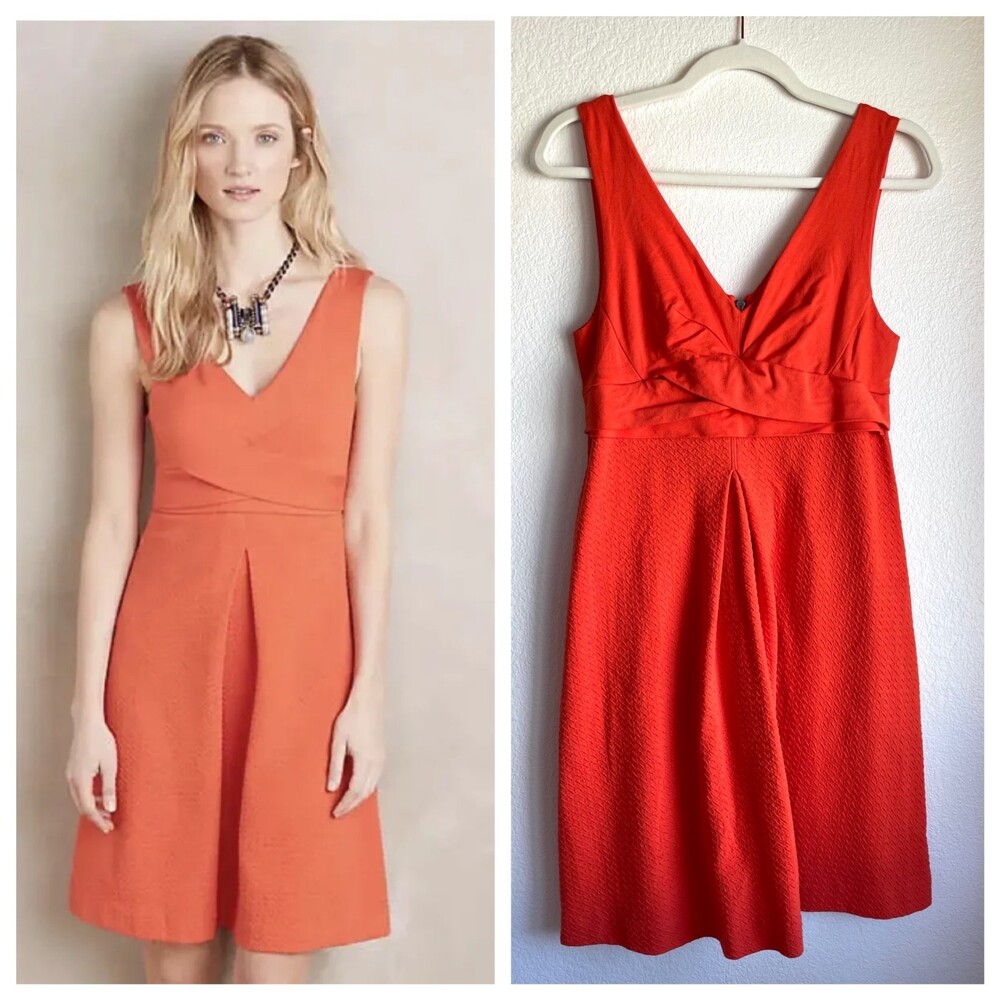 Anthropologie Women's HD in Paris Ardmore V-Neck Textured Dress in Orange Size 8